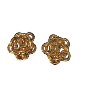 Rare Chanel Camellia Flower CC Clip-on earrings*Stamped 24K gold plated*COA